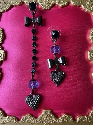 Betsey Johnson Midnight Romance Pewter Hematite Blue LOVE ME Tiny Heart Earrings - Image 1 of 4