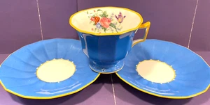 T & V Tresseman Vogt Limoges Blue Floral Cup + Two Matching Saucers - Picture 1 of 5