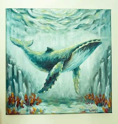 Pintura al óleo original ballena jorobada bellas artes bajo el mar vida 10" x 10" Foto 1 de 4