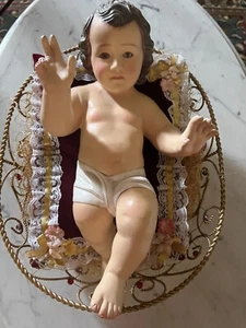 Preowned BABY JESÚS CRISTAL EYES LARGE 15x8" w/ Velvet Pillow and Basket - Picture 1 of 17
