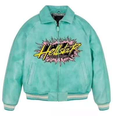 New Men's Avirex X Hellstar Blue Bomber Jacket  Cowhide Leather Biker Jacket - Image 1 of 3