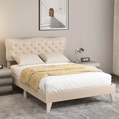 Queen Bed Frame Linen Upholstered Platform w/ Nail Headboard Mattress Foundation - Image 1 of 4