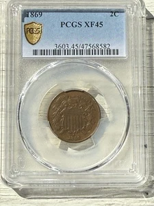 1869 Two Cent Piece. Pcgs Gold Shield XF45.  - Picture 1 of 2