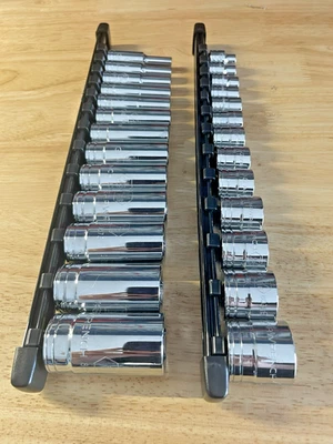 GearWrench 3/8" Dr SAE 6pt Shallow Deep Sockets 80553 80555 w/Rails  1/4"-1" - Image 1 of 4