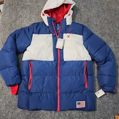 Spyder Puffer Jacket Men Medium USA Ski Team Hooded Quilted Navy White Camo NWT - Image 1 of 4