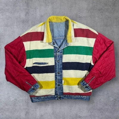 Vintage Levi's Hudson Bay Made in USA Blanket Striped Reversible Denim Jacket L - Image 1 of 4
