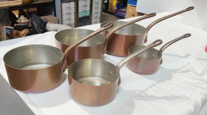 Juego de cacerolas de cobre graduadas vintage x5 cacerolas con mango de hierro forradas de estaño x5 -AF - Imagen 1 de 16