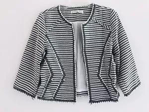 Blazer aperto Odiva tweed sfilacciato donna taglia 4 nero maniche a 3/4 gioiello a righe - Foto 1 di 8