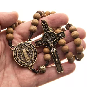 Große katholische 10 mm Holz Rosenkranz Perlen 20" Halskette starke Kordel Männer Frauen - Bild 1 von 5