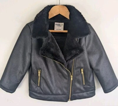 OshKosh Black Faux Leather Look Moto Jacket Zip Plush Faux Fur Lined Toddler 2T - Image 1 of 4