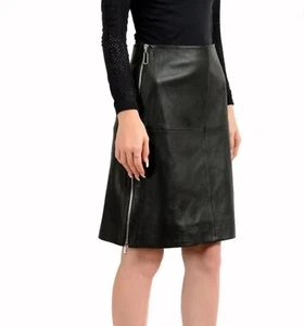 *NEW* Hugo Boss Black 100% Leather A-Line Side Zipper Skirt US Small $695 - Picture 1 of 5