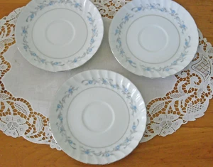 Vintage TRELLIS White Blue Flowers Swirl Japan 6 1/8" Saucers ~ Set of 3 ~ - Picture 1 of 6