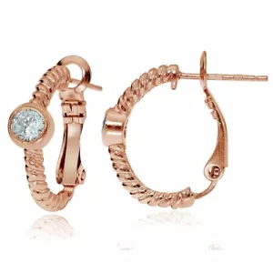 Rose Gold Flash Sterling Silver Cubic Zirconia Round Oval J-Hoop Earrings - Picture 1 of 3