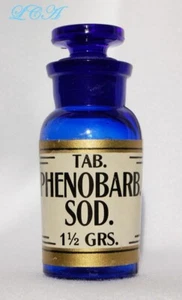 Antique PHENOBARBITAL SODIUM TABLETS deep COBALT BLUE bottle w/GLASS stopper - Picture 1 of 2