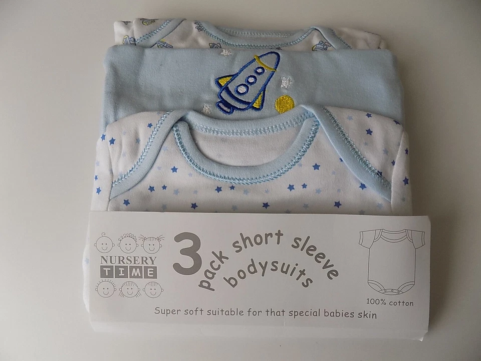 Nursery Time 3 Pack Coloured Short Sleeve Bodysuits Motif of Rocket Blue
