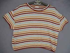 Ghanda Top Womens Small Red Blue Yellow White Striped Short Sleeve Knit Crochet - Picture 1 of 12