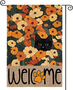 Spring Summer Garden Flag 12X18 Inch Double Sided Outside, Black Cat Welcome Flo - Picture 1 of 12