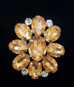 Brosche Mellon gelb Strass oval Vintage Retro Kunststoff Steine - Bild 1 von 5