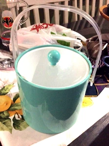 1980's RETRO TURQUOISE TEAL Clear Acrylic PLASTIC VINYL ICE BUCKET WITH LID MCM - Picture 1 of 7