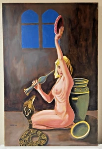 Pin Up Diosa Reina Cobra Años 80 Óleo Sobre Lienzo Norman Strite Arte Firmado 36"x24" - Imagen 1 de 16
