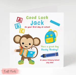 Personalised Cheeky Monkey Boys First Day At School Card Good Luck Nursery - Picture 1 of 4