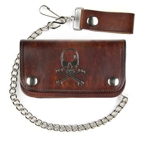 Leather Skull Trucker Biker Wallet W/Chain Bifold Antique Finish Brown - Picture 1 of 2