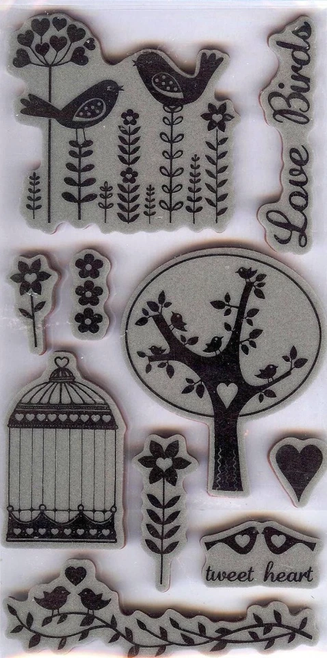 Estampillas adhesivas de goma AMOR PÁJAROS TWEET CORAZÓN JAULA FLORES VID ¡HERMOSA! Foto 1 de 1