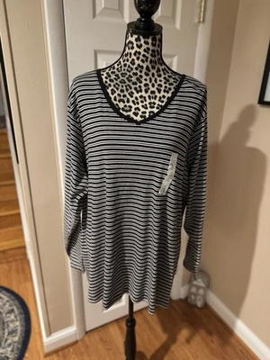 Camiseta Croft & Barrow clássica gola V listra preta branca 2X algodão casual nova - Imagem 1 de 4