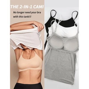 Women Cami with Built in Bra Adjustable Spaghetti Strap Camisole Tank Tops Vest - Picture 1 of 24