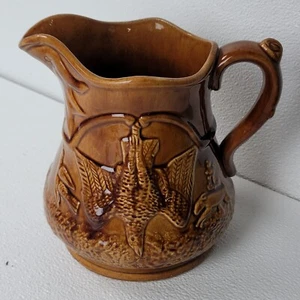 Rockingham Brown Hunt Scene Pitcher 8" Tall Bird Stag Dogs Bennett Pottery - Picture 1 of 11