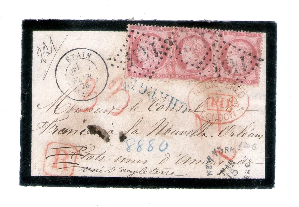 France (1873) - Cover Front Etain to USA. Ceres 80c Strip of Three - Image 1 of 1