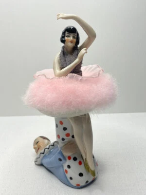 Poudrier porcelaine allemande Art Deco clown danseuse flapper Half doll vanity - Photo 1/4