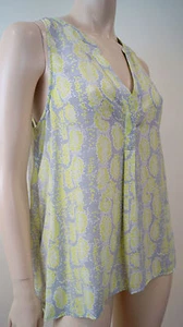 JOIE Grey Lime Green & White 100% Silk Geometric Print V Neck Sleeveless Top M - Picture 1 of 5