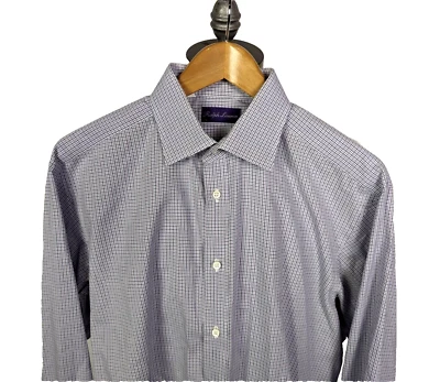 RALPH LAUREN PURPLE LABEL Cotton L/S Dress Shirt White Purple Check Sz 16.5 - 35 - Image 1 of 4