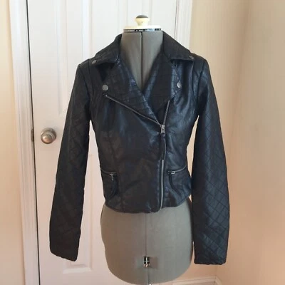 New Look Black Quilted Faux Leather Asymetric Womens Moto Jacket Size S Preowned Foto 1 de 4