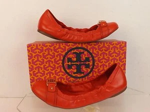 NUEVO EN CAJA ZAPATOS PLANOS DE BALLET TORY BURCH CUERO NARANJA AMBROSO DORADO REVA PUNTERA 9 - Imagen 1 de 12