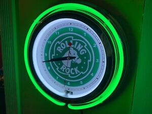 ** Rolling Rock Beer Bar Man Cave GREEN Neon Advertising Clock Sign