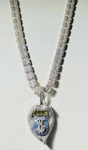 Men's Ice Out Diamond Baguette Tennis Icy Chain 20" Dollar Dripping Lips Pendant