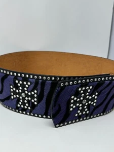 3D Women’s Belt Hand Loomed Leather 4” Sz M Hook Loop Purple/Black Zebra Fur - Picture 1 of 4