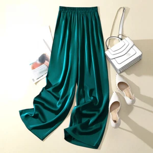 Lady Satin Faux Silk Pants Trousers Shiny Wide Leg Straight Silky Bottoms Smooth - Picture 1 of 18