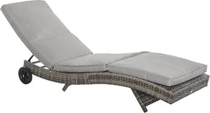PE Rattan Chaise Lounge, Cushioned, 5-Level Adjustable Backrest, Wheels, Gray - Picture 1 of 9