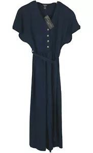 Neu Look Petite Damen Overall Größe 2 blau gürtel elastische Taille vorne Knöpfe - Bild 1 von 7