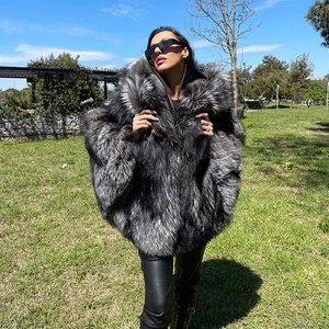 Women Full Pelt Genuine Silver Fox Fur Hooded Cape Winter Real Fur Poncho Cloak - Picture 1 of 16