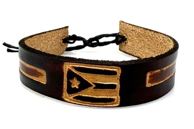 Handmade Puerto Rico Leather Bracelet | Adjustable Taíno Coquí & Flag Design - Image 1 of 4