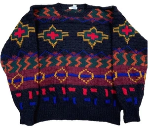 Vintage Grandpa Sweater Men Large Heavy Wool Knit Aztec Navajo 90s Chunky Bulky - Picture 1 of 10