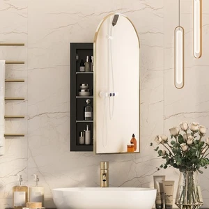 Recessed Medicine Cabinet Bathroom Arch Mirror Cabinet with Storage Brushed Gold - Picture 1 of 8