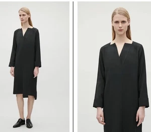COS Black Tunic Dress Sz6 Vneck Split Turn Up Cuffs Lagenlook Minimalist Capsule - Picture 1 of 13