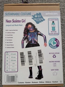 Amscan Neon Skelett Mädchen Overall & Maske Halloween Kostüm 4-6 Jahre - Bild 1 von 2