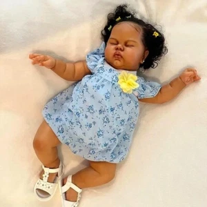 24" Weighted Lifelike Dark Skin Newborn Rooted Hair Girl Pickle Reborn Baby Doll - Picture 1 of 5