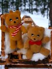 VTG Set of 2 Flocked  Tan Teddy Bears Ornaments 3” With  Bow tie Stand & Sit